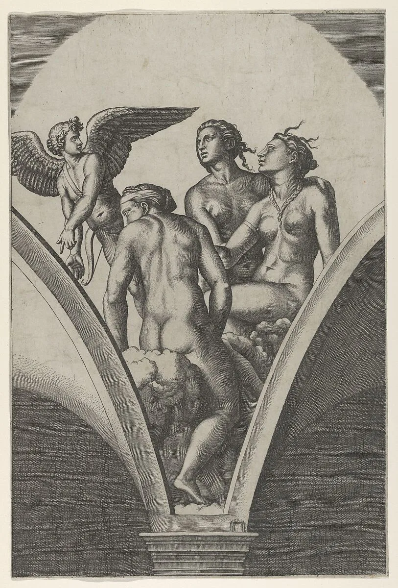 The Three Graces sitting on clouds, cupid at the left, after Raphael's fresco in the Chigi Gallery of the Villa Farnesina in Rome — Marcantonio Raimondi|Raphael (Raffaello Sanzio or Santi)