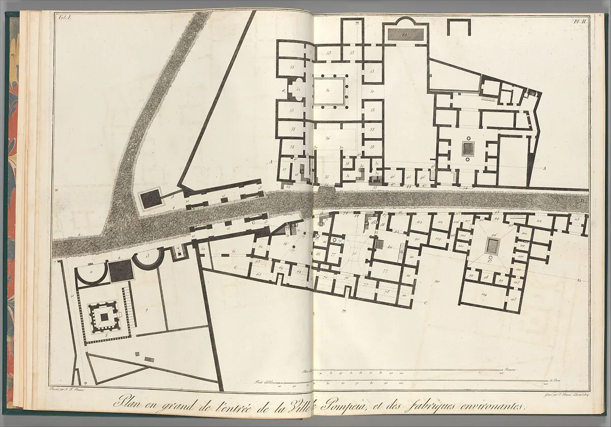 Large plan of the entrance of the town of Pompeii, and its surrounding buildings, from "Antiquités de Pompeïa, tome premier, Antiquités de la Grande Grèce..." (Antiquities of Pompeii, volume one, Antiquities of Great Greece...), volume 1, plate 2 — Francesco Piranesi|Giovanni Battista Piranesi