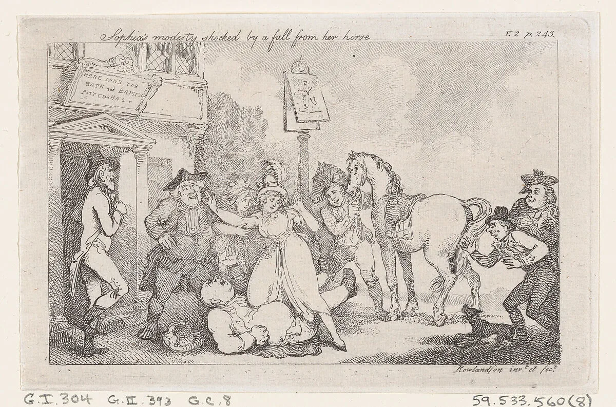 Sophia's Modesty Shocked by a Fall from her Horse, from "The History of Tom Jones, a Foundling" — Henry Fielding|Thomas Rowlandson