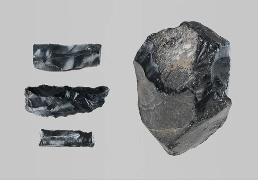 Group of 3 worked obsidian fragments and a raw obsidian lump