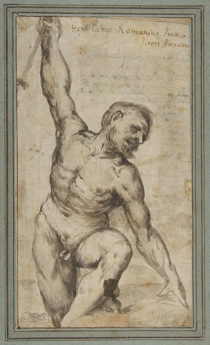 Nude Male Figure with Upraised Right Arm — Girolamo Romanino