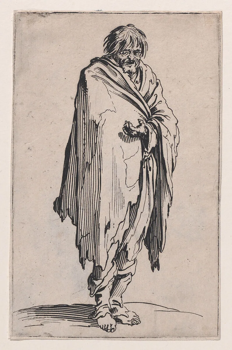 Le Mendiant a la Tête Découverte et aux Pieds Nuds (The Beggar with the Uncovered Head and Bare Feet), from Les Gueux suite appelée aussi Les Mendiants, Les Baroni, ou Les Barons (The Beggars, also called the Barons) — Jacques Callot