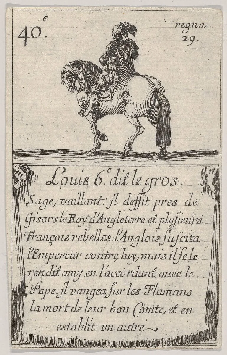 Louis 6.-e dit le gros / Sage, vaillant..., from 'Game of the Kings of France' (Jeu des Rois de France) — Stefano della Bella