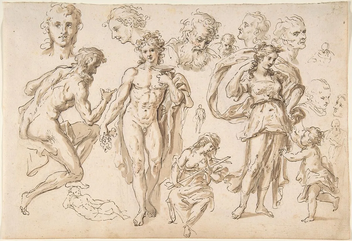 Recto: figure and head-studies (including Bacchus); Verso: four main figure studies repeated from the recto — Bartholomaeus Ignaz Weiss