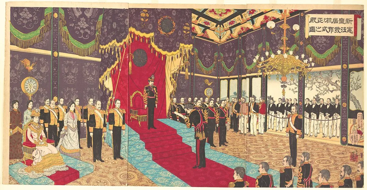 Shinkokyo Oite Seiden Kempo Happu no zu|View of the Issuance of the State Constitution in the State Chamber of the New Imperial Palace — Adachi Ginkō