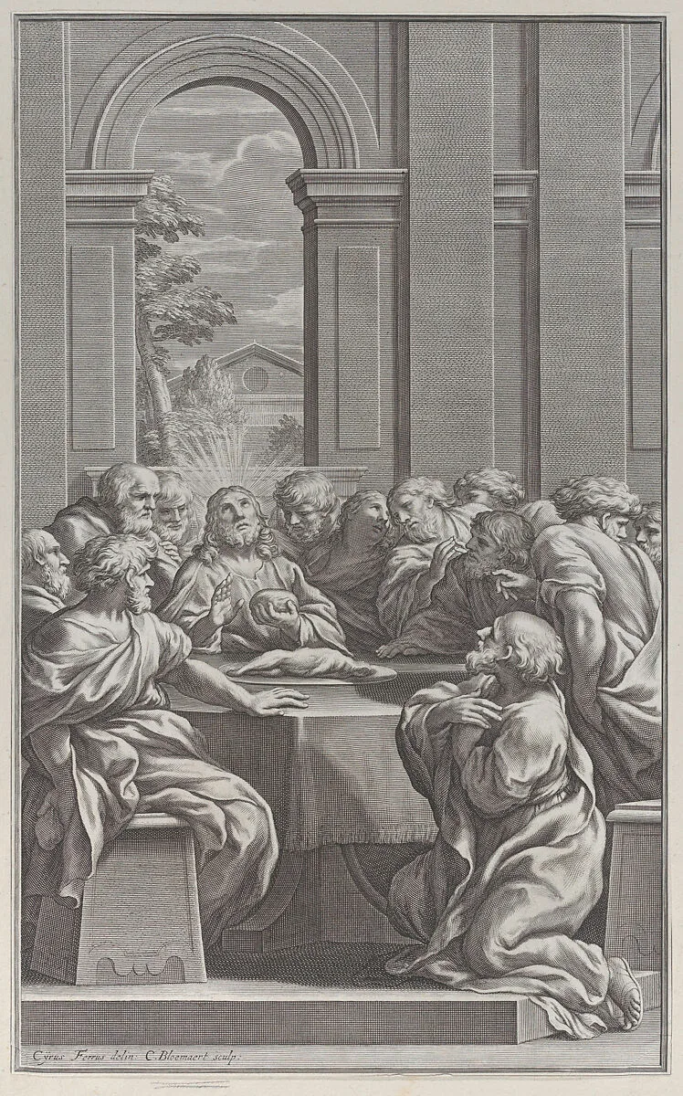 The Last Supper, the interior of a classical building with Christ and his apostles seated at a table — Cornelis Bloemaert|Ciro Ferri