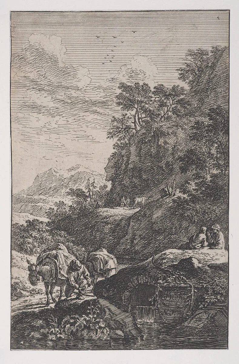 Plate 1: a peasant checking the hoof of his mule by a stream, from 'Landscapes in the manner of Salvator Rosa' (Die Landschaften in Sal. Rosa's) — Franz Joachim Beich