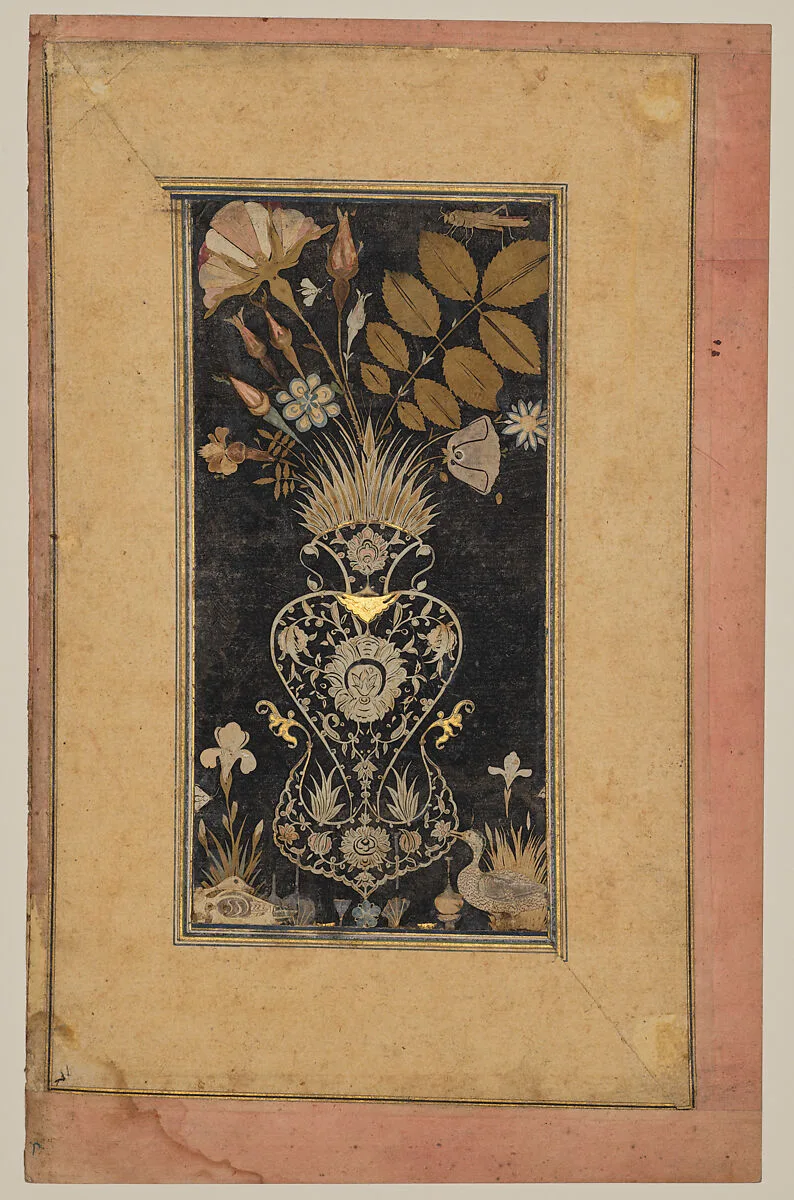 Album Page with Decoupe Vase of Flowers, Insects, and Birds — Muhammad Hasan