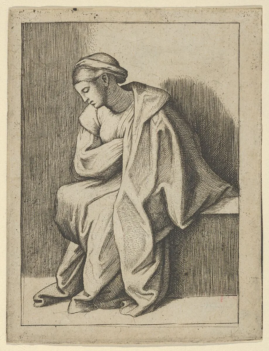 Woman sitting with her head turned downward to her right and eyes closed — Marcantonio Raimondi|Anonymous