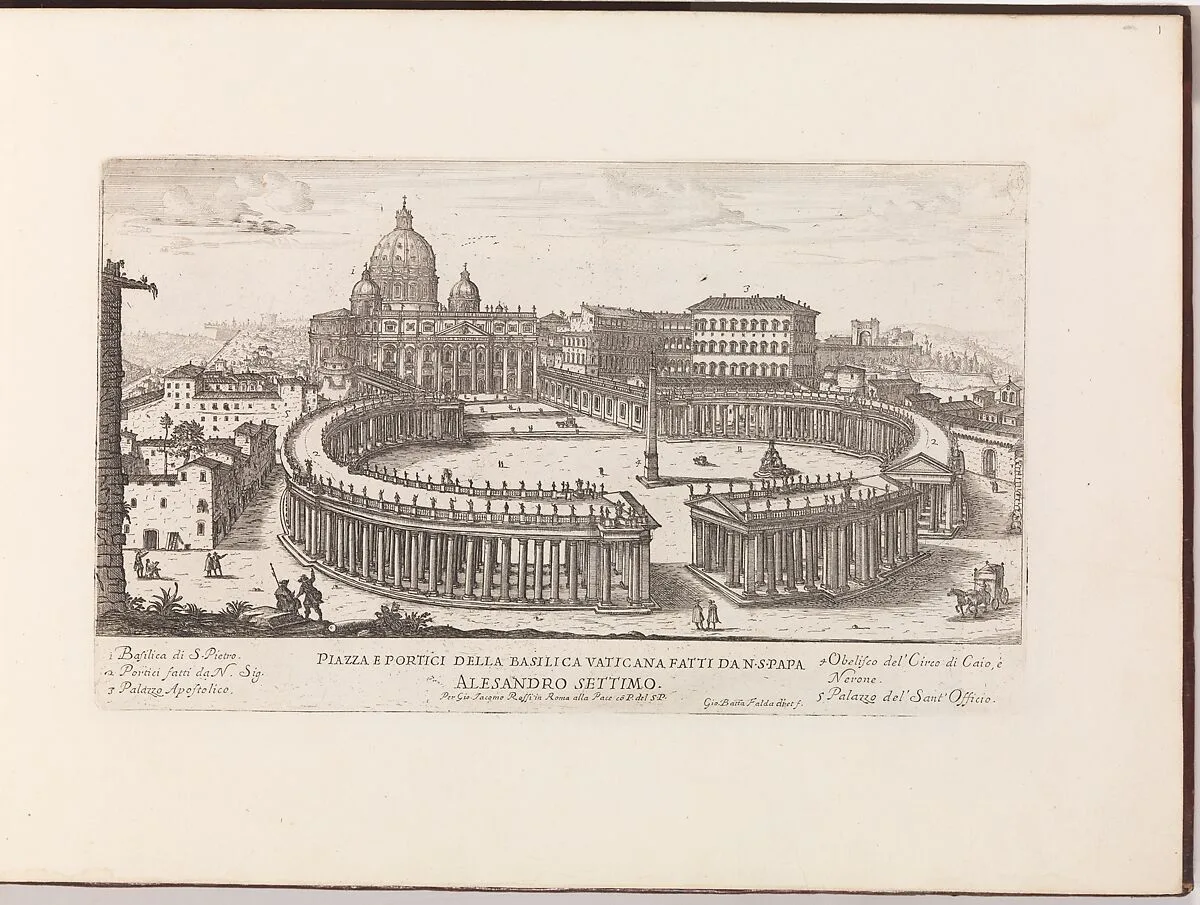 Piazza e Portici della Basilica Vaticana from: Il Nuovo Teatro delle Fabbriche, et Edificii, in Prospettiva di Rome Moderna (...) — Giovanni Battista Falda|Giovanni Giacomo De Rossi