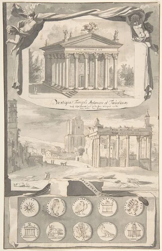 A Reconstruction of the Temple of Antonious and Faustina (above) and a View of the Ruins (below)