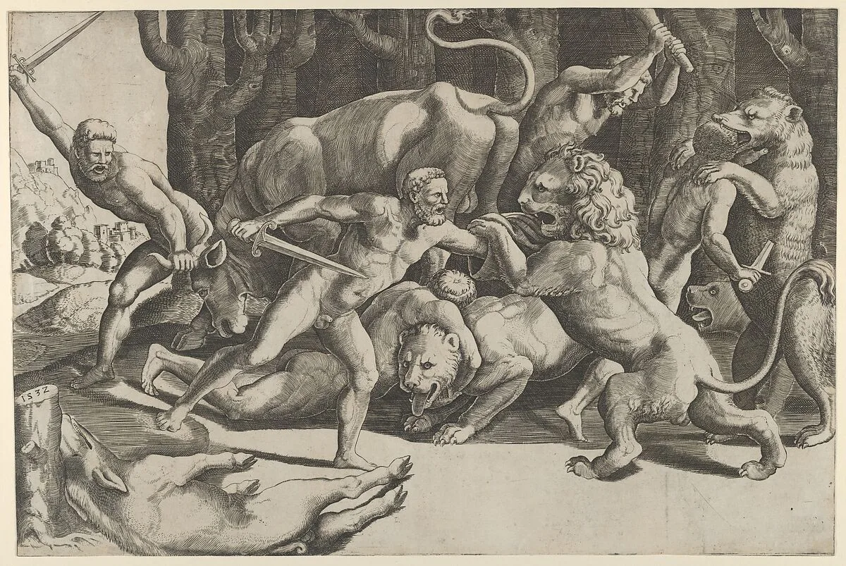 Five men fighting beasts, at lower left is a fallen boar — Master of the Die|Giulio Romano