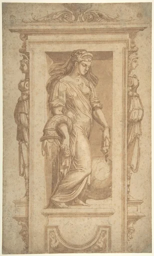 Female Allegorical Figure of Benignitas (Goodness), with Attributes of Abundance Standing in a Niche (recto); Architectural Sketches (verso)
