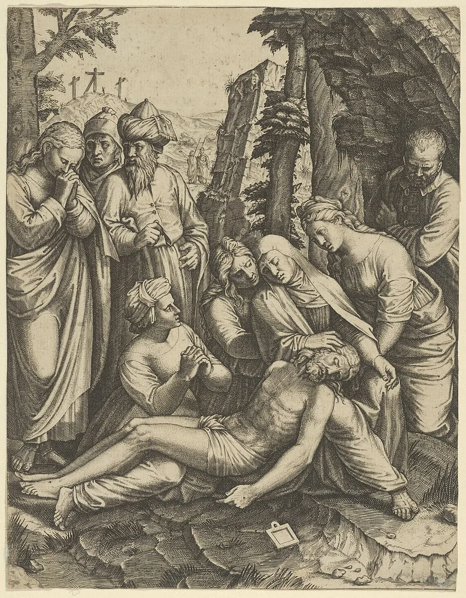 The lamentation of the dead Christ who is supported by the Virgin Mary and surrounded by other figures — Marcantonio Raimondi|Anonymous