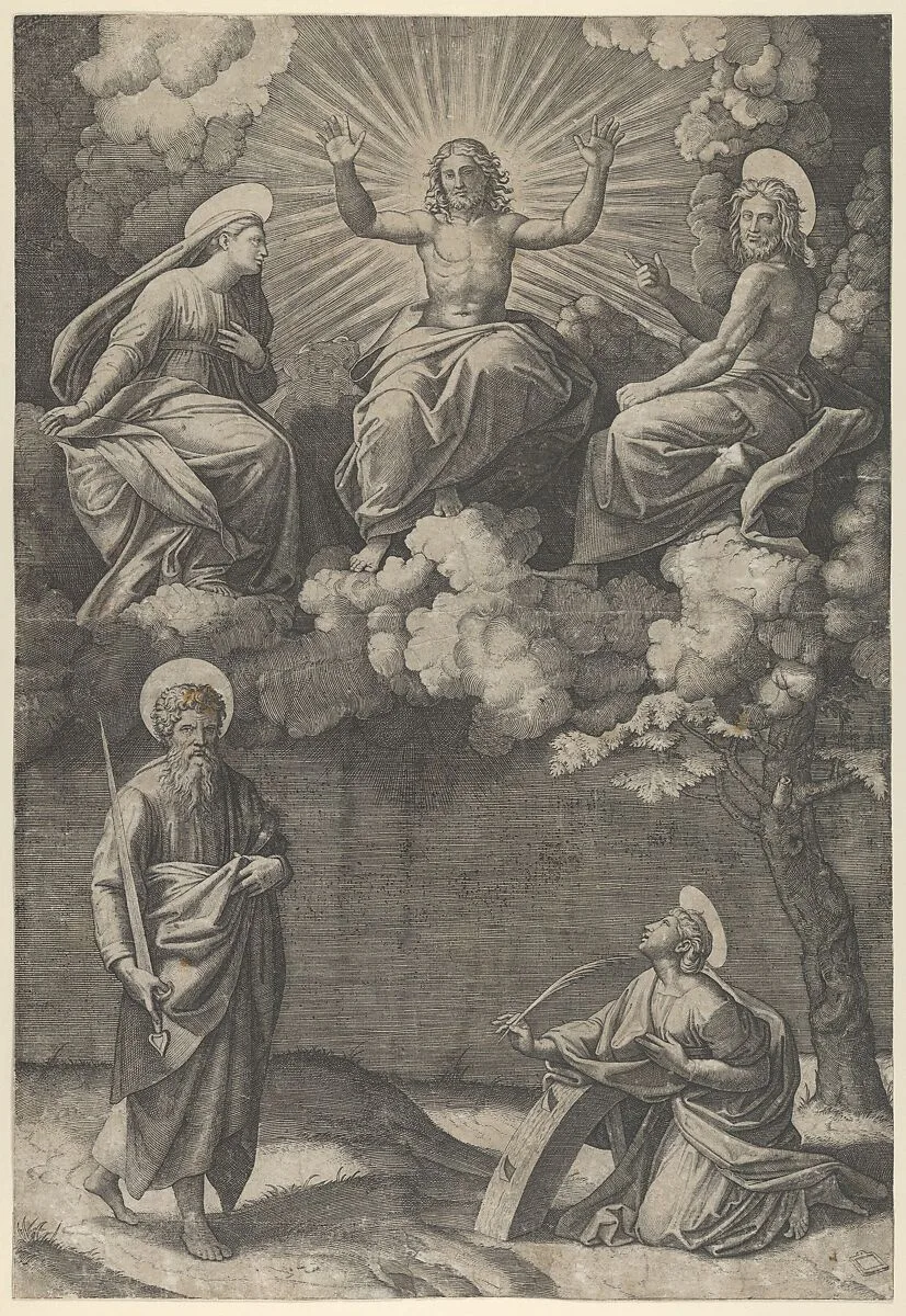 Christ flanked by the Virgin and St. John in the upper section, St. Paul and St. Catherine below — Marcantonio Raimondi|Raphael (Raffaello Sanzio or Santi)