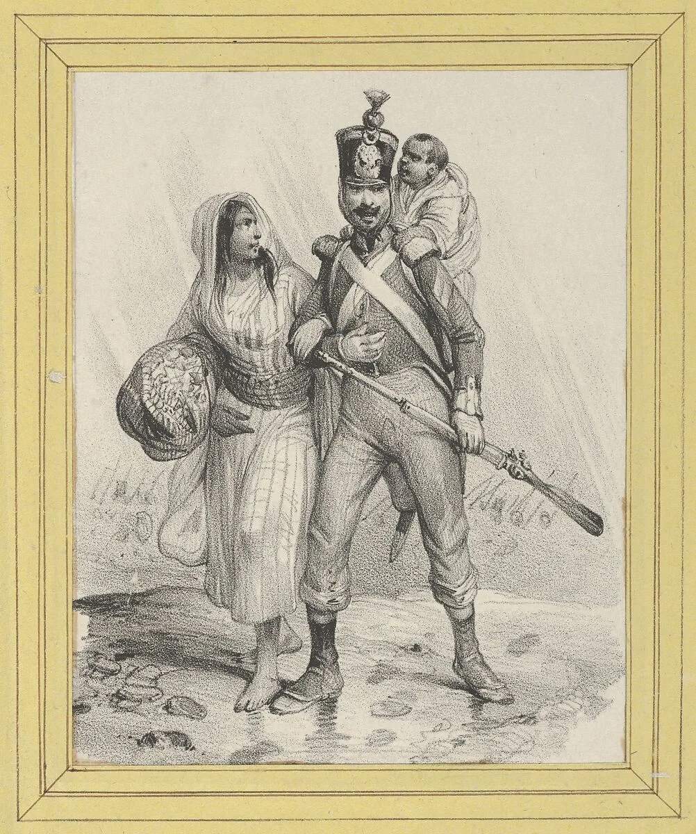 Soldier with a woman on his arm and a child on his back — Victor Adam