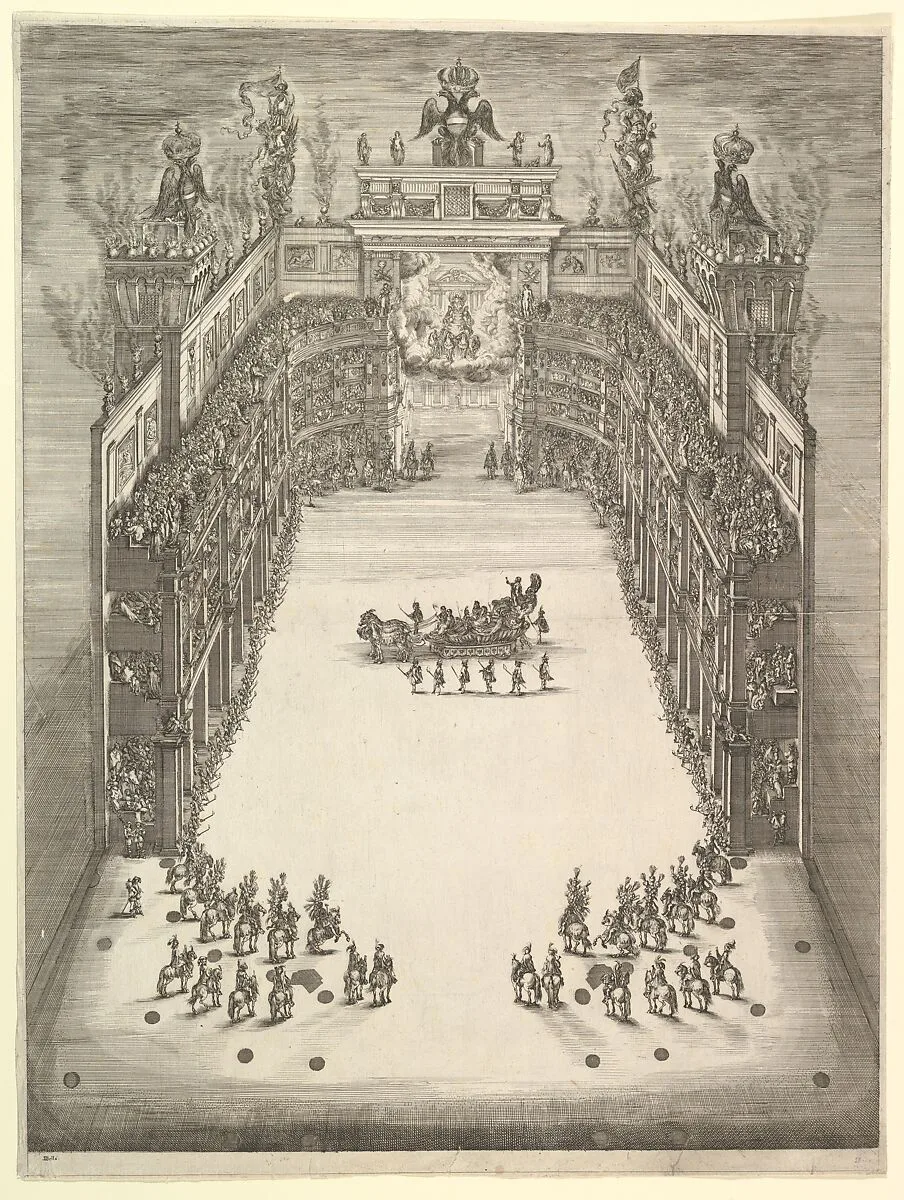 Theater at Modena, seen from above and filled with spectators, with a triumphal car at center and horses in formation at lower left and right, from 'La Gara delle Stagioni' — Stefano della Bella