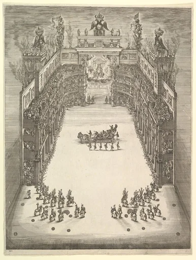 Theater at Modena, seen from above and filled with spectators, with a triumphal car at center and horses in formation at lower left and right, from 'La Gara delle Stagioni'
