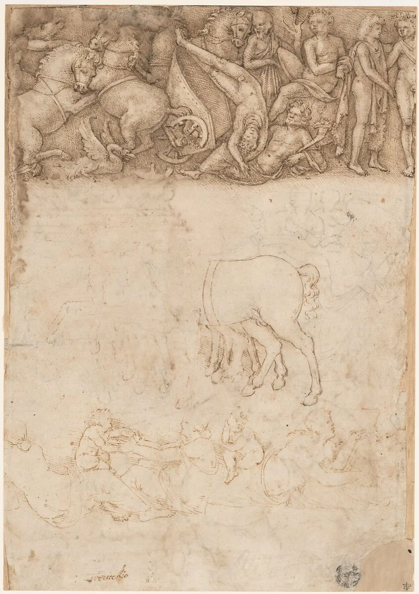 Studies after the Antique: The Fall of Phaëthon, Horses, Reclining Women with Children (recto); Studies after the Antique: An Altar or Urn, Lion Attacking a Horse (verso) — Amico Aspertini