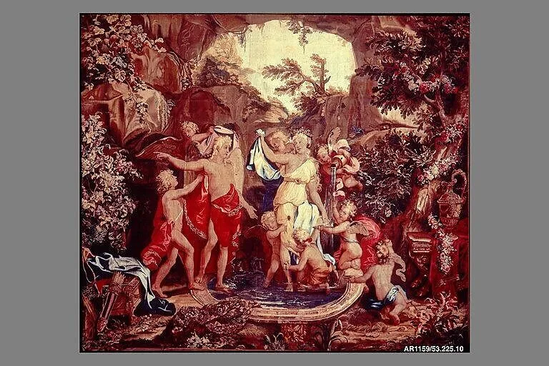 Cupid and Psyche Bathing from a set of Mythological Subjects after Giulio Romano — Manufacture Nationale des Gobelins|Charles François Poerson|Jean Jans the Younger|Antoine Coypel|Giulio Romano|Louis XIV, King of France|Jean-Baptiste Corneille|Jean Lefebvre the Elder