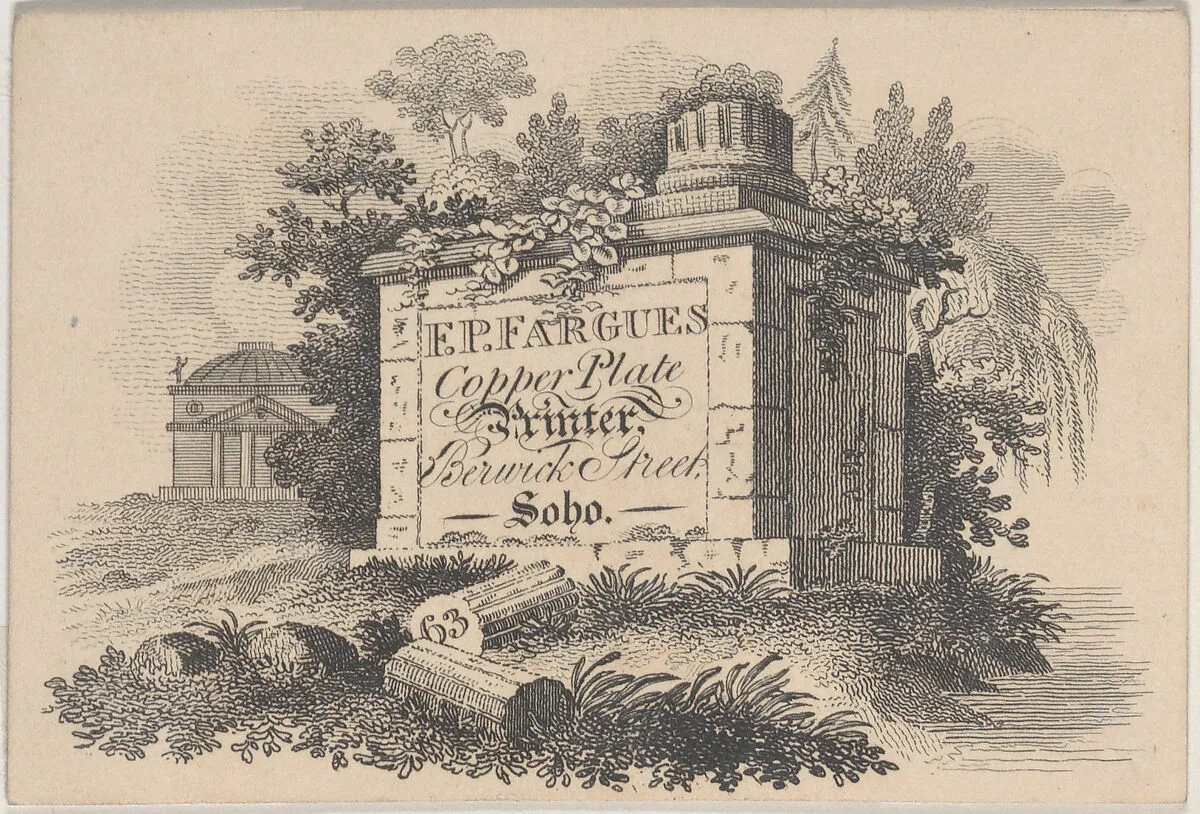 Trade Card for F.P. Fargues, Copper Plate Printer — Anonymous, British, 19th century