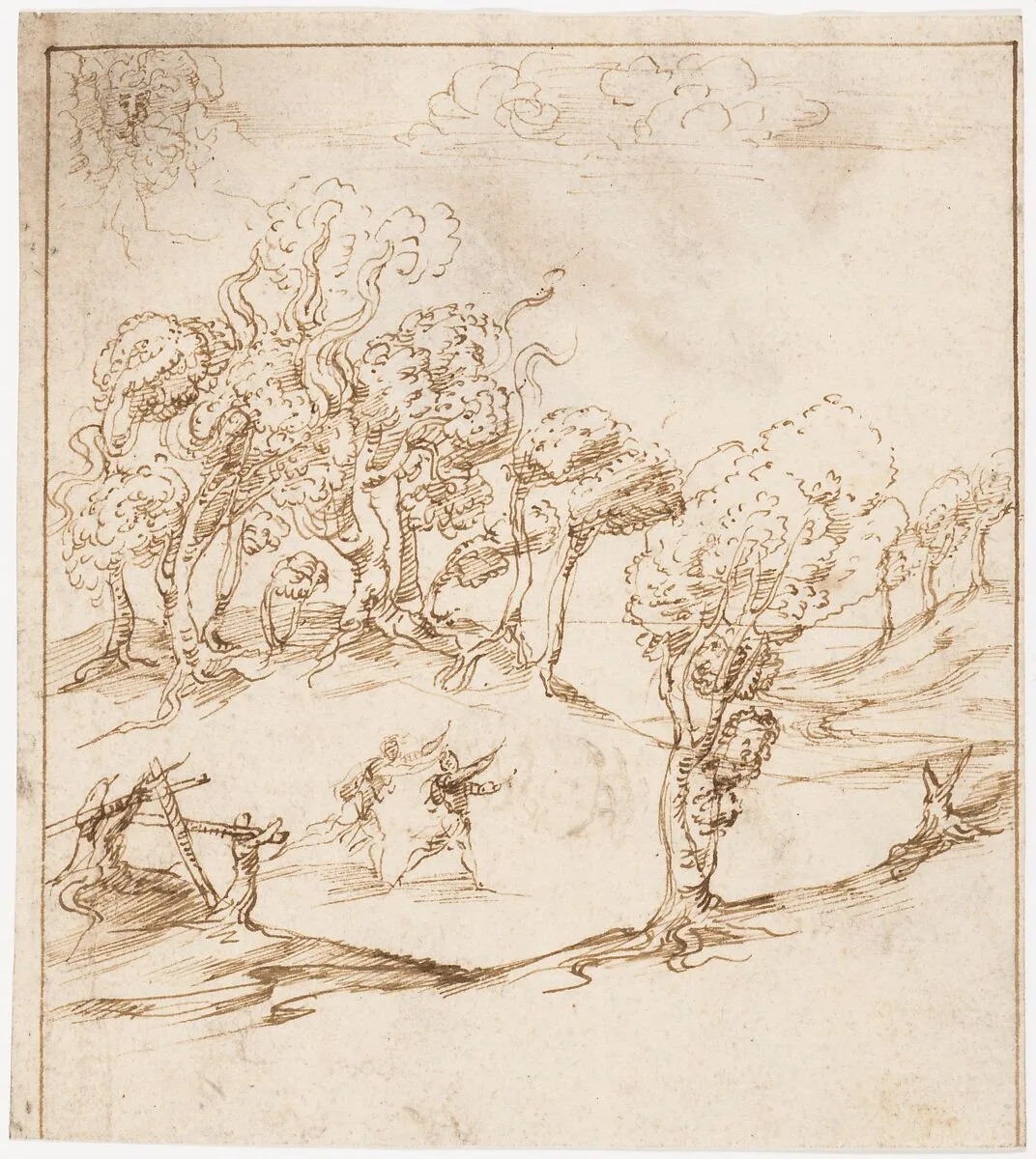 Recto: Landscape with Trees and Figures (? Remarks on the Winds and the Lay-out of the City; Vitruvius, Book 1, Chapter 6, nos. 2, 3): Verso: Blank. — Sangallo family|Marcus Pollio Vitruvius