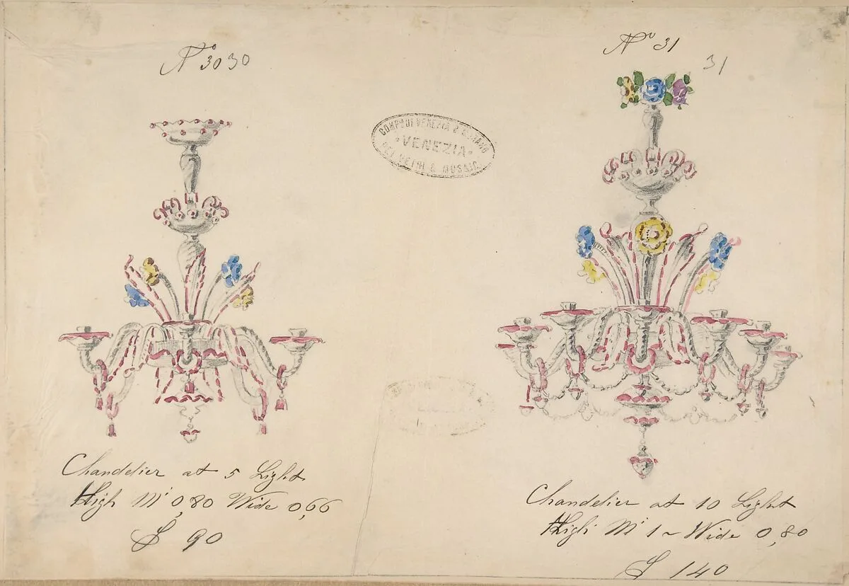 One of Twenty-Three Sheets of Drawings of Glassware (Mirrors, Chandeliers, Goblets, etc.) — Compagnia di Venezia e Murano