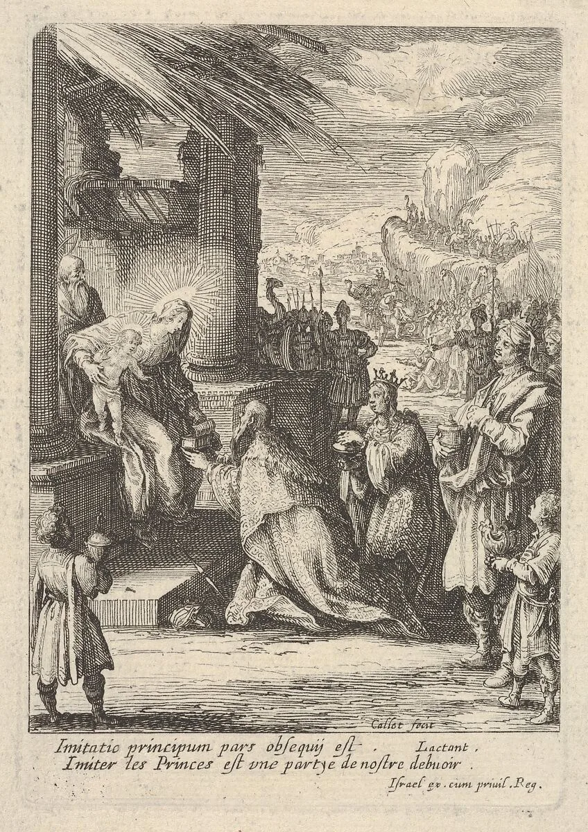 Adoration of the Magi, with Mary bracing Jesus with her right hand and reaching for a gift with her left, a long procession extending into a hilly background, children at bottom left and right bearing vessels — Jacques Callot|Israël Henriet