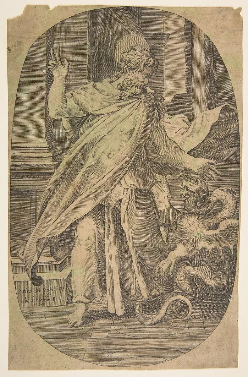 St Paul overcoming the viper, within an architectual setting, an oval composition — Giulio Bonasone|Perino del Vaga (Pietro Buonaccorsi)