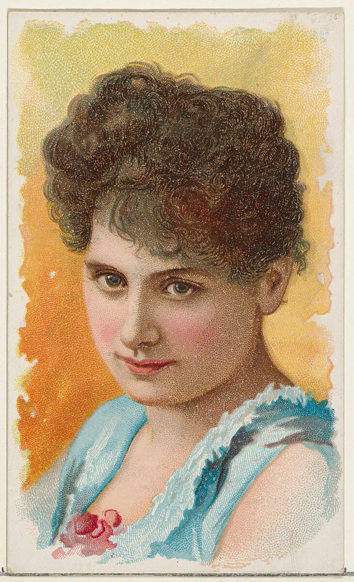 Actress wearing blue sleeveless bodice with red flower at neckline, from Stars of the Stage, First Series (N129) issued by W. Duke, Sons & Co. to promote Honest Long Cut Tobacco — W. Duke, Sons & Co.|Knapp & Company