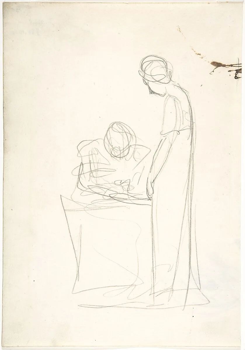 Study of Two Figures: One Seated, the Other Standing (recto); Study of a Head Looking Upwards (verso) — George Romney
