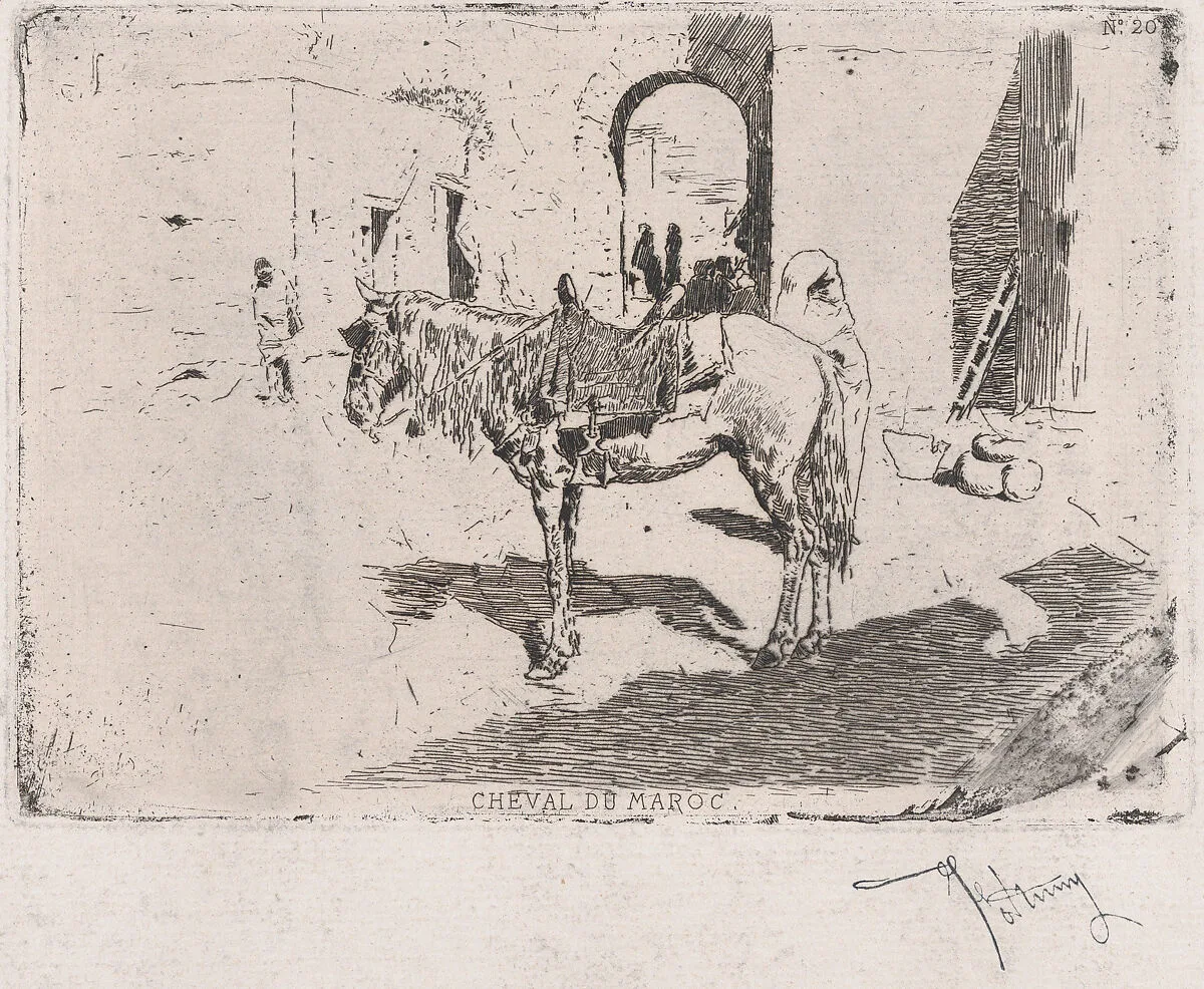 A Moroccan horse standing before an arch — Mariano Fortuny, 1838–1874