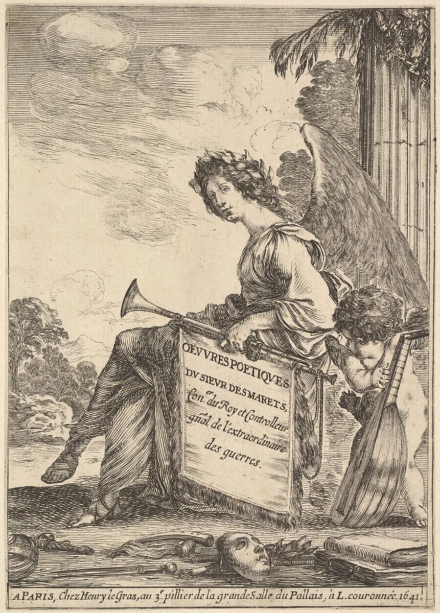 Frontispiece for 'Poems by Desmarets' (Oeuvres poétiques de Desmarets): a winged woman representing poetry sitting in center, turned towards the left, holding a bugle in her left hand, a putto at right tuning a lute, a mask, books, and swords on ground below — Stefano della Bella