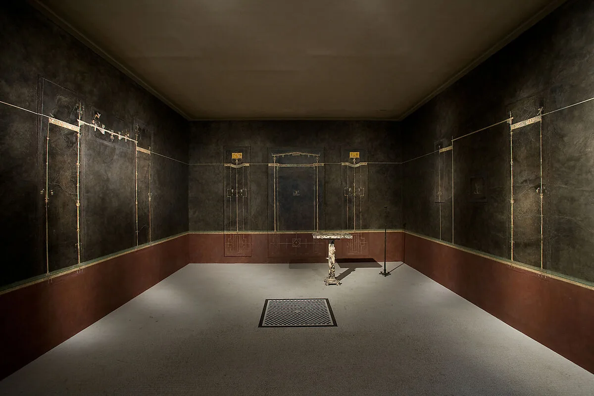 Wall painting on black ground: fragment of support/entablature, from the imperial villa at Boscotrecase — Unknown