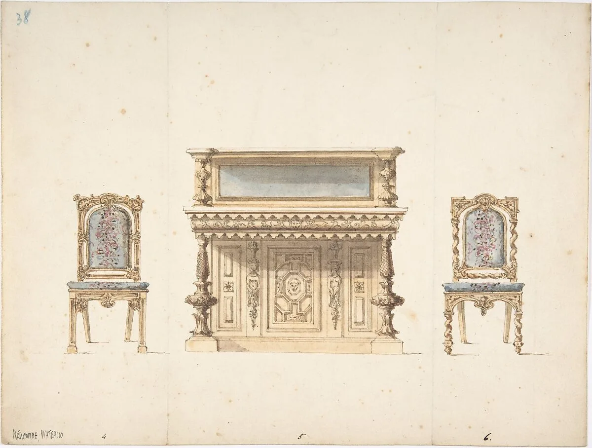 Design for a Mirrored Cabinet and Two Chairs — Anonymous, British, 19th century