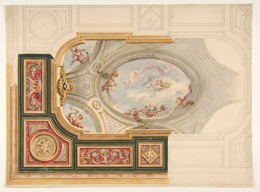Design for a ceiling in Baroque style with a central panel in trompe l'oeil