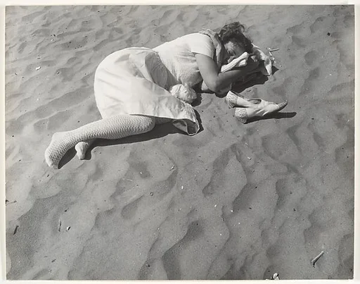 [Beach Scene: Woman in White Dress Asleep on Sand, Coney Island, New York]