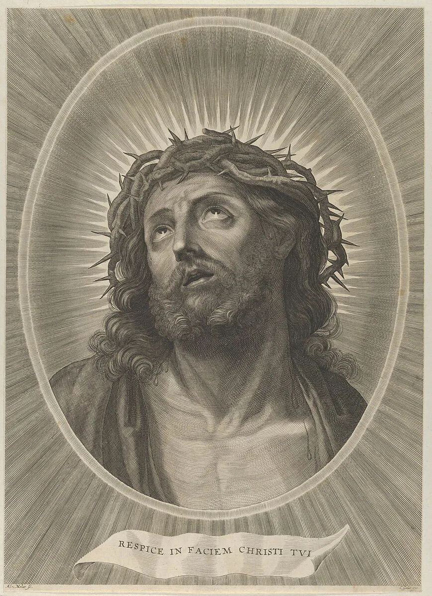 Head of Christ looking up with crown of thorns, in an oval frame, after Reni — Cornelis Galle II|Guido Reni|Adrian van Melar