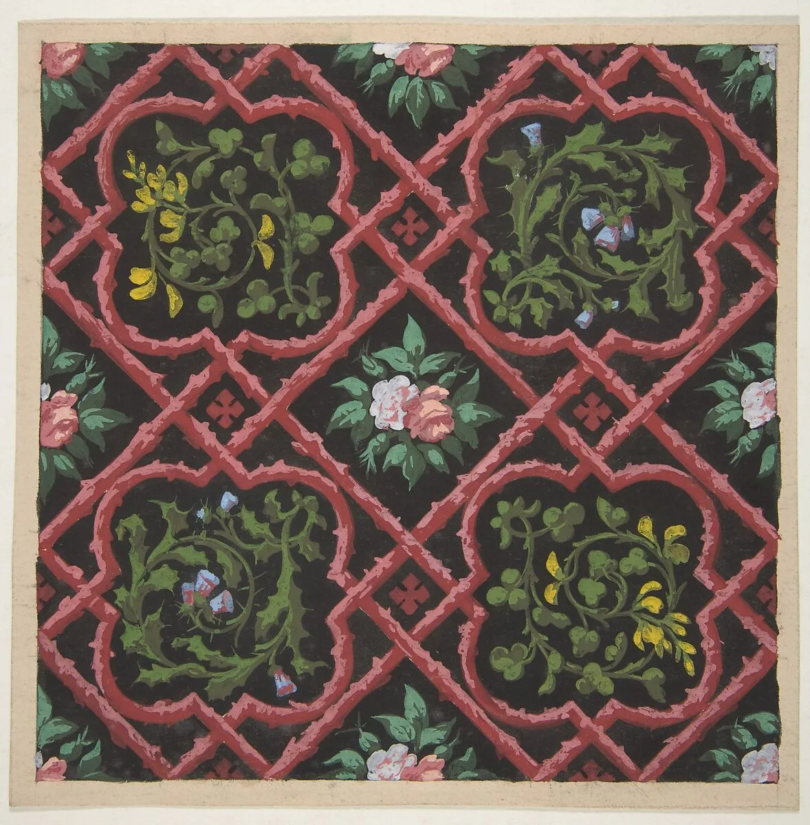 Design for wallpaper featuring flowers and latticework — Jules-Edmond-Charles Lachaise|Eugène-Pierre Gourdet
