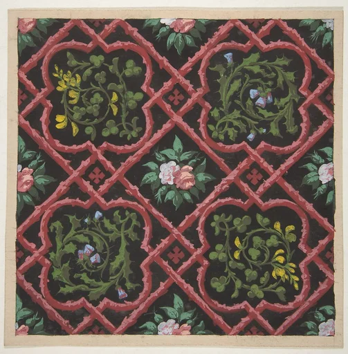 Design for wallpaper featuring flowers and latticework