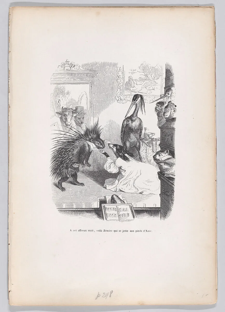 "At this frightful story, Zemire throws himself at Azor's feet" from Scenes from the Private and Public Life of Animals — Honoré de Balzac|J. J. Grandville