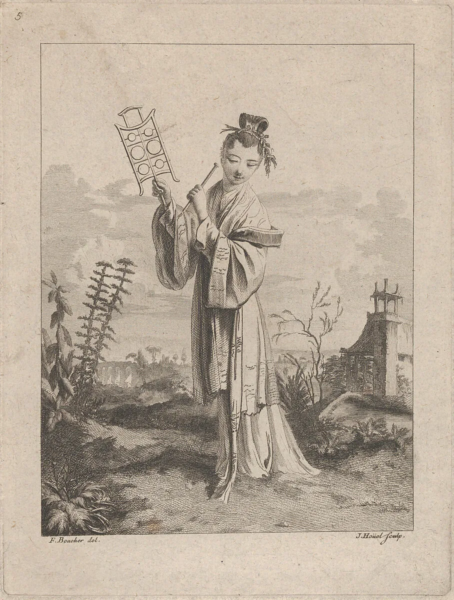 Chinoiserie with a woman playing a musical instrument, from Suite de Figures Chinoises. . .Tiré du Cabinet de Mr. d'Azaincourt (Series of Chinoiserie Figures. . .From the Chambers of Mr. d'Azaincourt), plate 5 — Gilles Demarteau|François Boucher|Jean Pierre Louis Laurent Hoüel