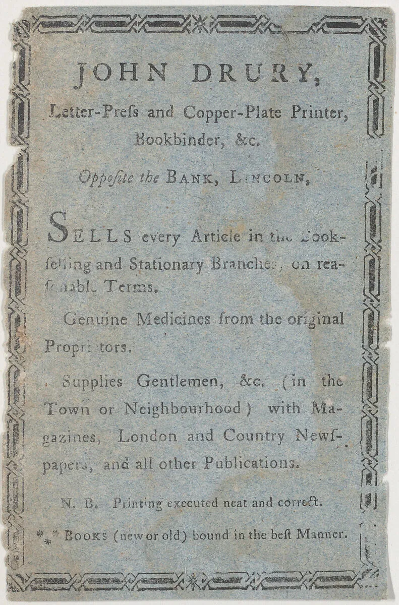 Trade Card for John Drury, printer and bookbinder — Anonymous, British, 18th century