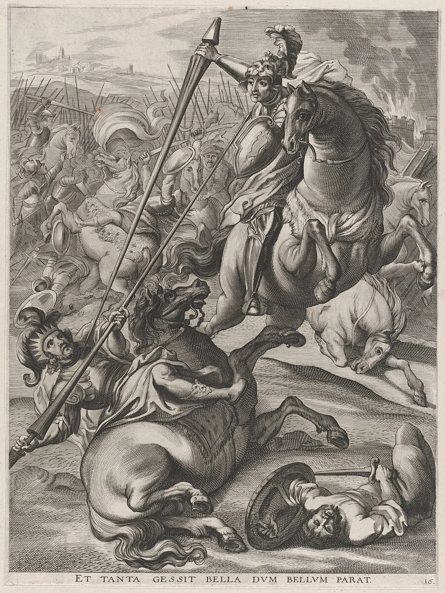 Plate 16: Battle of Achilles against the Trojans; from Guillielmus Becanus's 'Serenissimi Principis Ferdinandi, Hispaniarum Infantis...' — Johannes Meursius