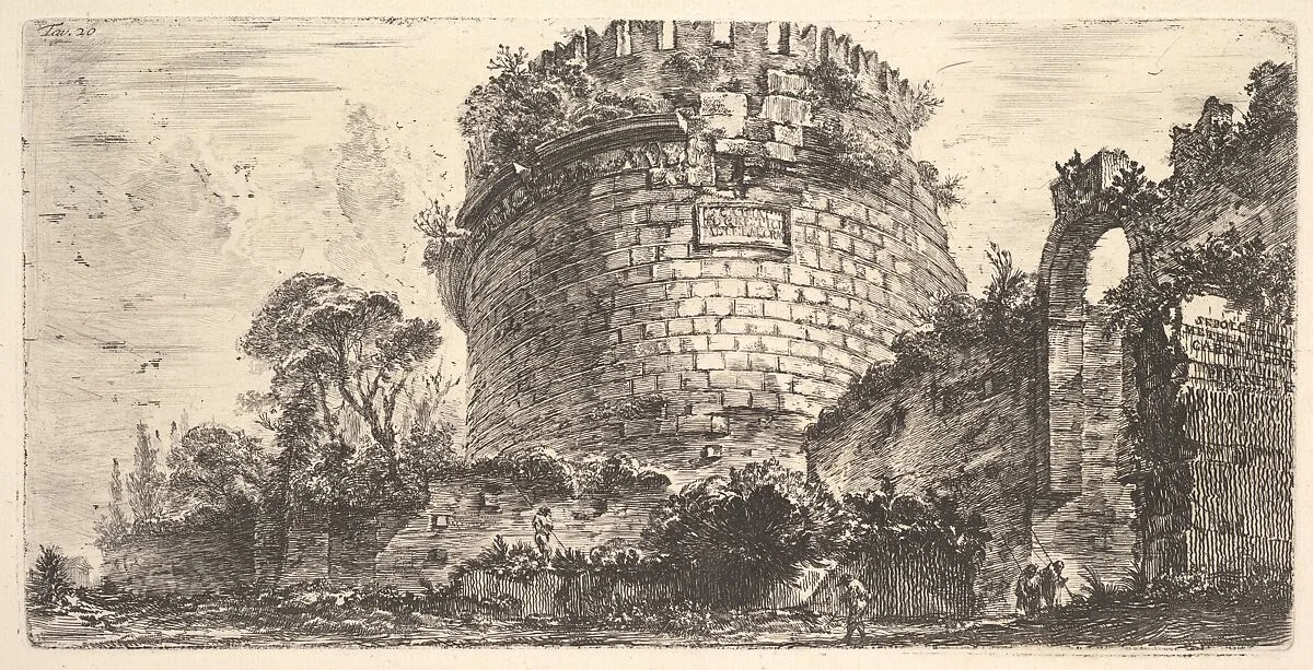 Plate 20: Tomb of Caecilia Metella called the Capo di Bove (Ox Head) (Sepolcro di Metela detto Capo di Bove), from "Alcune Vedute di Archi Trionfali ed altri monumenti inalzati da Romani parte di quali se veggono in Roma e parte per l'Italia" (Some Views of Triumphal Arches and other monuments erected by the Romans, some of which are in Rome and some elsewhere in Italy) — Giovanni Battista Piranesi