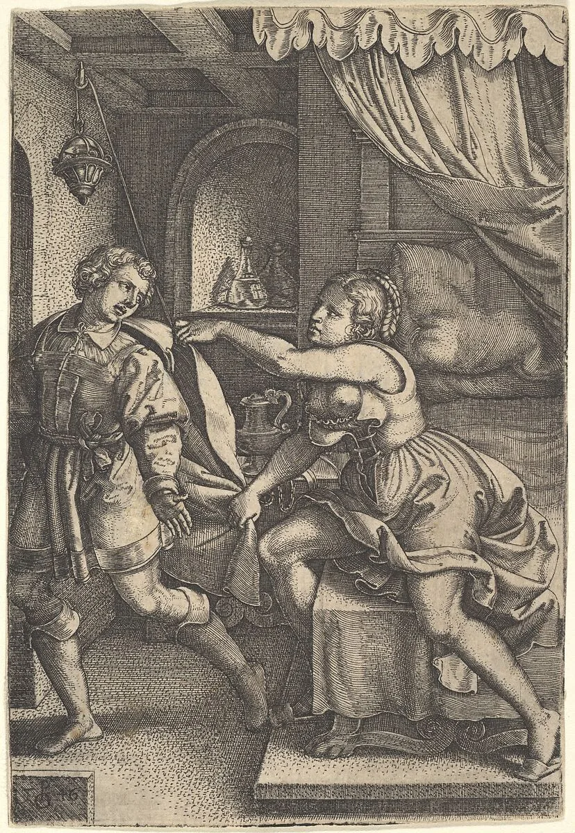 Joseph strides away from Potiphar's wife, who clutches his cloak with both hands as she straddles the corner of a bed, from the series 'The Story of Joseph' — Georg Pencz