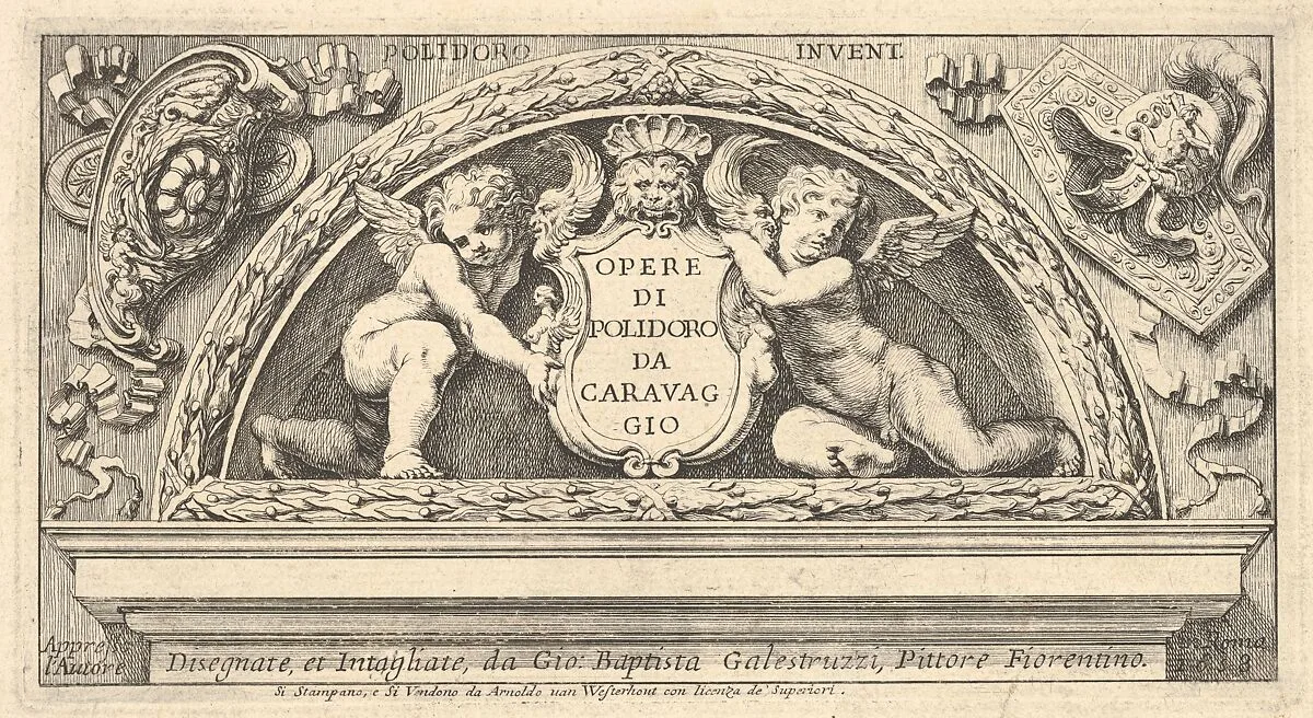 Titeplate to series of prints after Poloidoro, title on a shield supported by two putti — Giovanni Battista Galestruzzi|Polidoro da Caravaggio|Arnold van Westerhout
