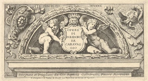 Titeplate to series of prints after Poloidoro,  title on a shield supported by two putti
