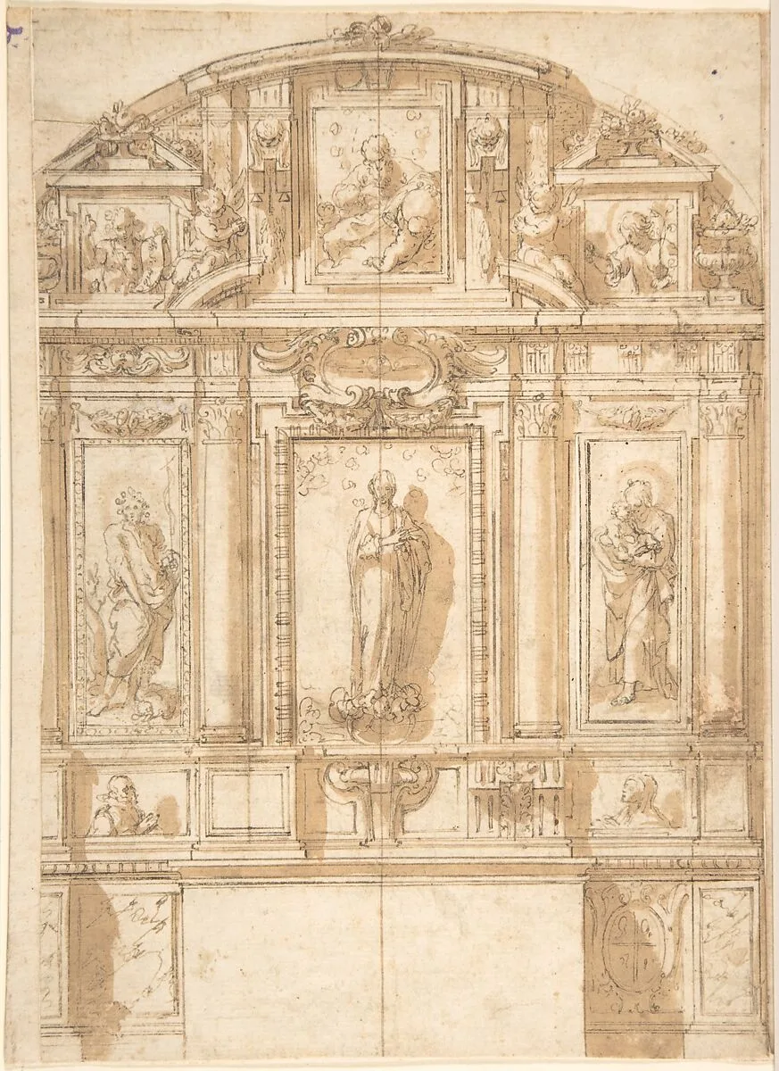 Design for an Altar with the Virgin of the Immaculate Conception in the Center — Anonymous, Spanish, 17th century