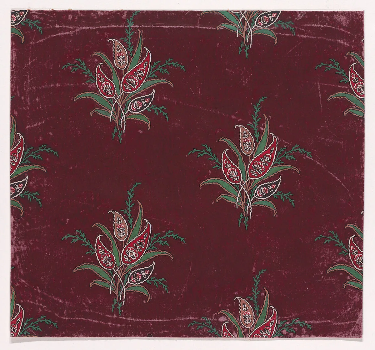 Textile Design with Bundles of Paisley Motifs, Stylized Leaves and Stylized Branches with Leaves — Anonymous, Alsatian, 19th century